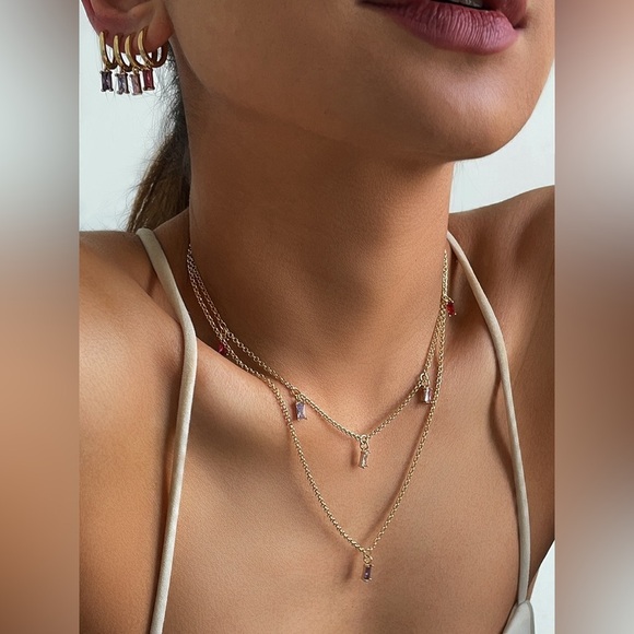 [CLEARANCE/Send Offers] GOLD-TONE NECKLACE WITH MULTICOLOR DANGLY CRYSTALS - Picture 1 of 9